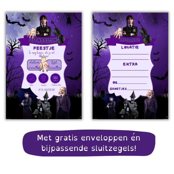 Wednesday Uitnodiging Kinderfeestje – Inclusief Gratis Envelop & Sluitsticker