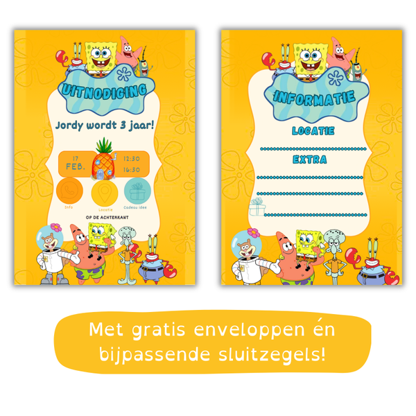 SpongeBob Uitnodiging Kinderfeestje – Inclusief Gratis Envelop & Sluitsticker