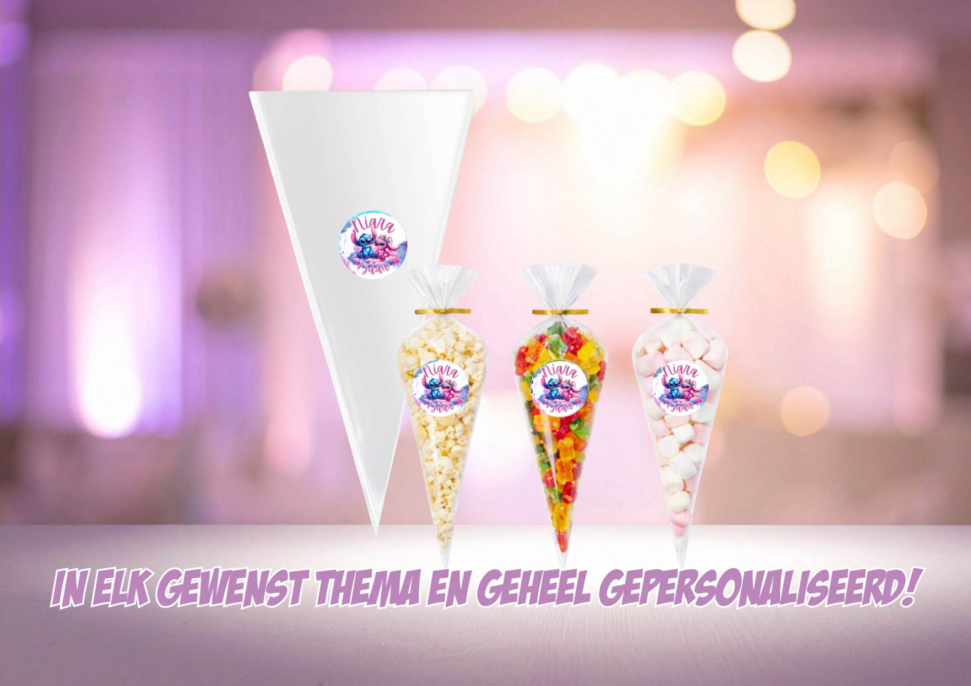 Traktatie puntzakken met sticker – Gepersonaliseerd | Kinderfeest thema