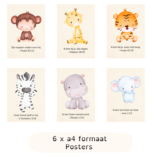 Kinderkamer Poster Set Bijbelteksten | 6x A4 | Wall art | Bijbelse Quotes & Dieren | Religieus Kraamcadeau