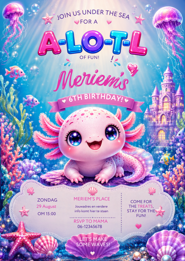 Uitnodiging axolotl-feestje – volledig gepersonaliseerd