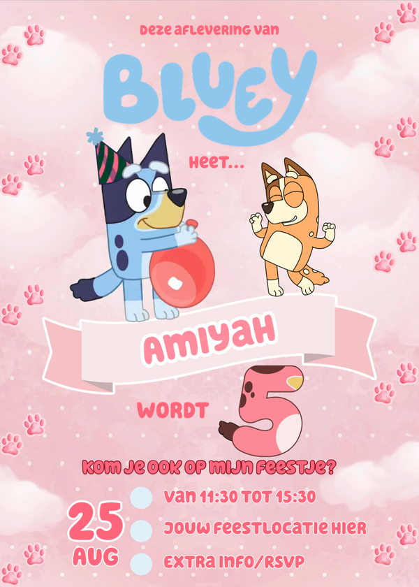 Bluey uitnodiging roze – Gepersonaliseerd | Incl. envelop & sticker