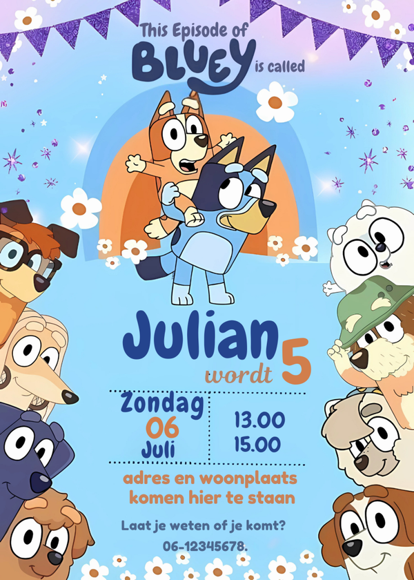 Bluey uitnodiging – Gepersonaliseerd kinderfeestje | Incl. envelop & sticker