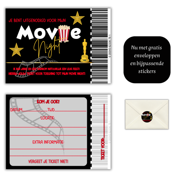 Movie Night Kinderfeestje Uitnodiging – Per Stuk, Gratis Envelop & Stickers