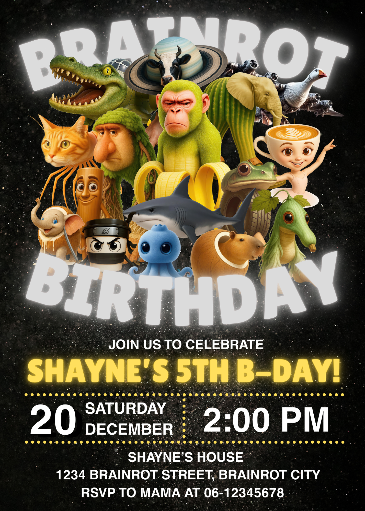 Gepersonaliseerde uitnodiging brainrot kinderfeestje –Met enveloppen & stickers