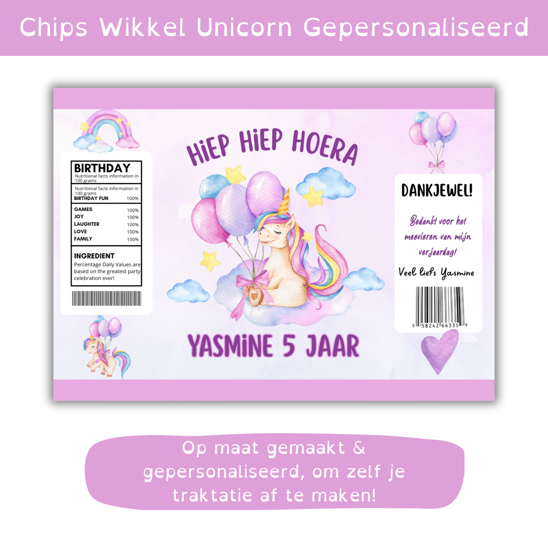 Unicorn Traktatie - Gepersonaliseerd - Chips Wikkel - Zelf thuis afmaken