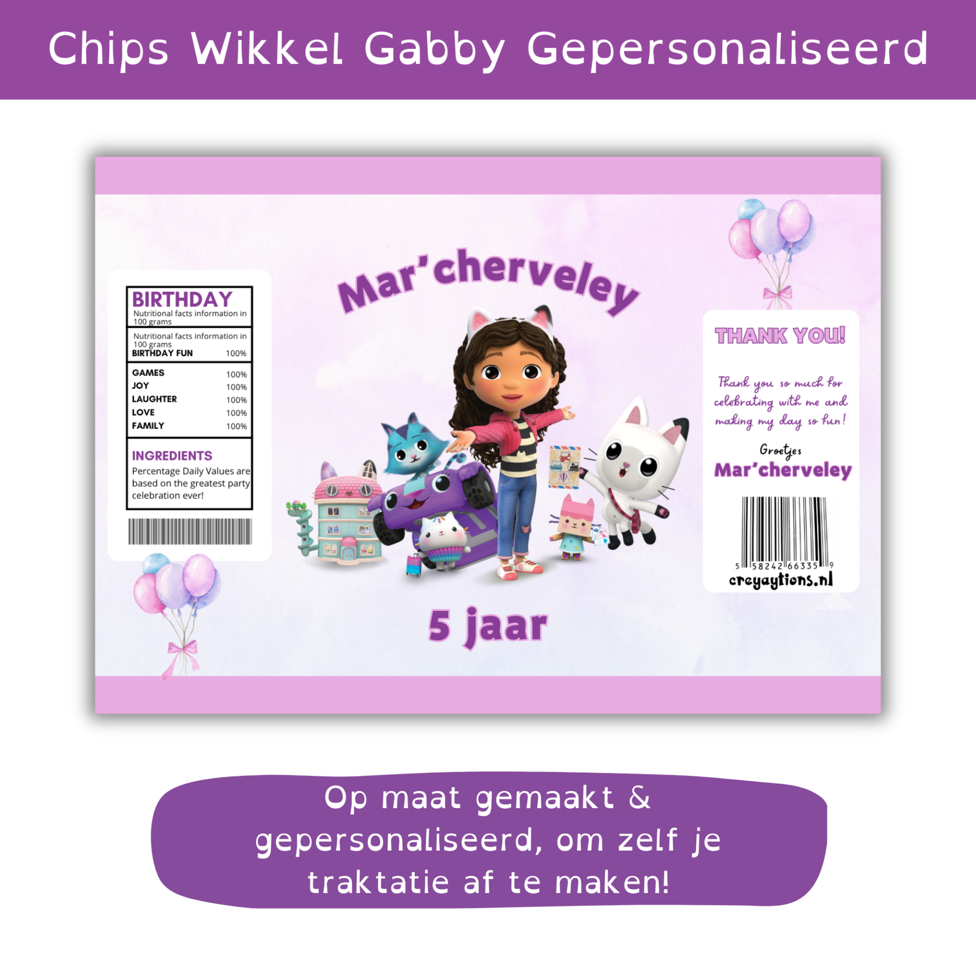Gabby's Dollhouse Traktatie - Gepersonaliseerd - Chips Wikkel - Zelf thuis afmaken