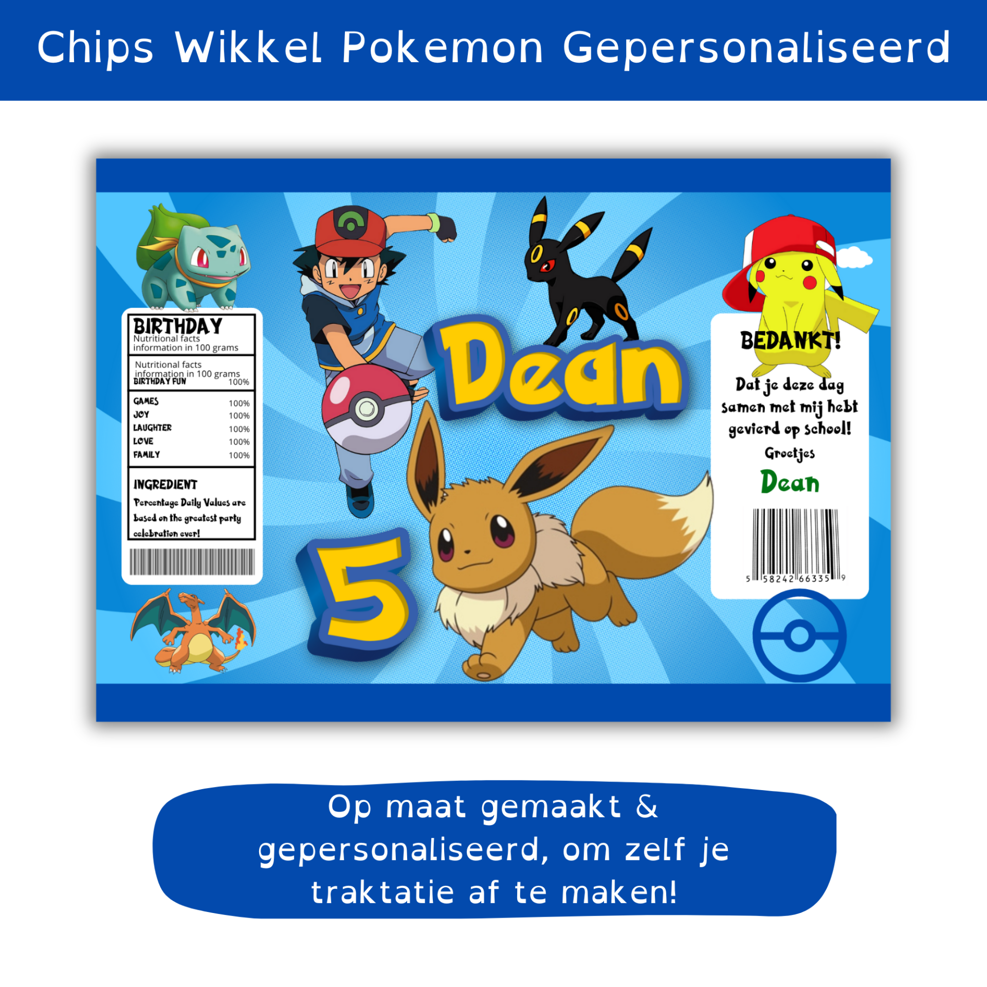 Pokemon Traktatie - Gepersonaliseerd - Chips Wikkel - Zelf thuis afmaken