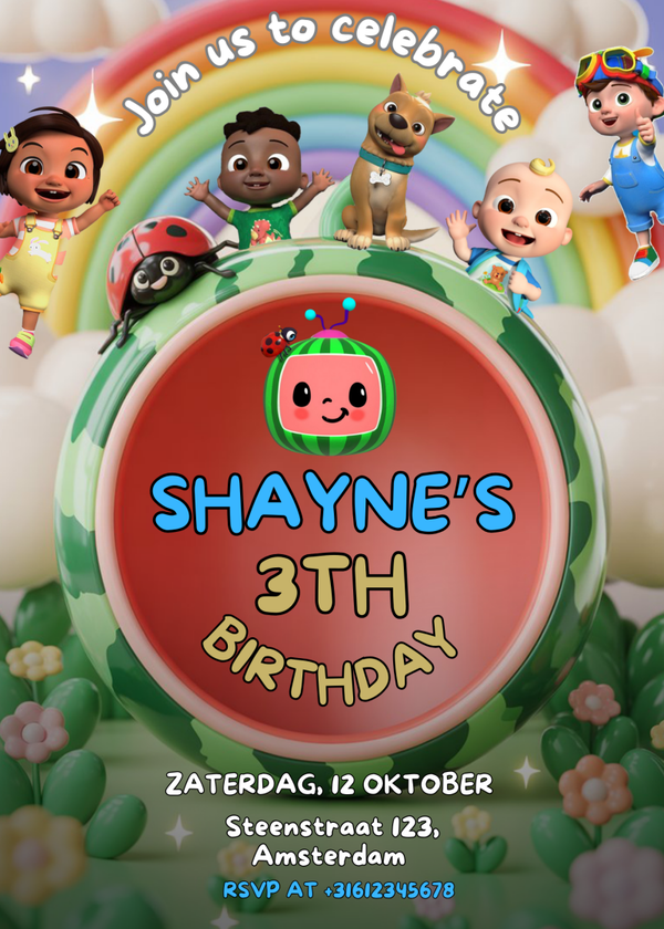 Gepersonaliseerde Coco Melon uitnodigingen kinderfeestje – Met enveloppen & stickers