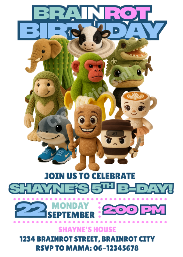 Gepersonaliseerde brainrot uitnodigingen kinderfeestje – Met enveloppen & stickers