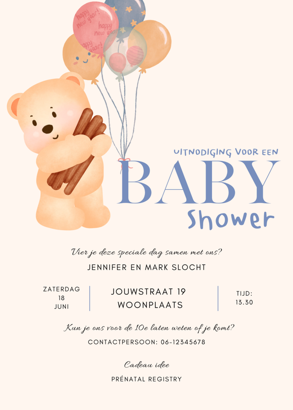 Babyshower beertje uitnodiging - Gepersonaliseerd