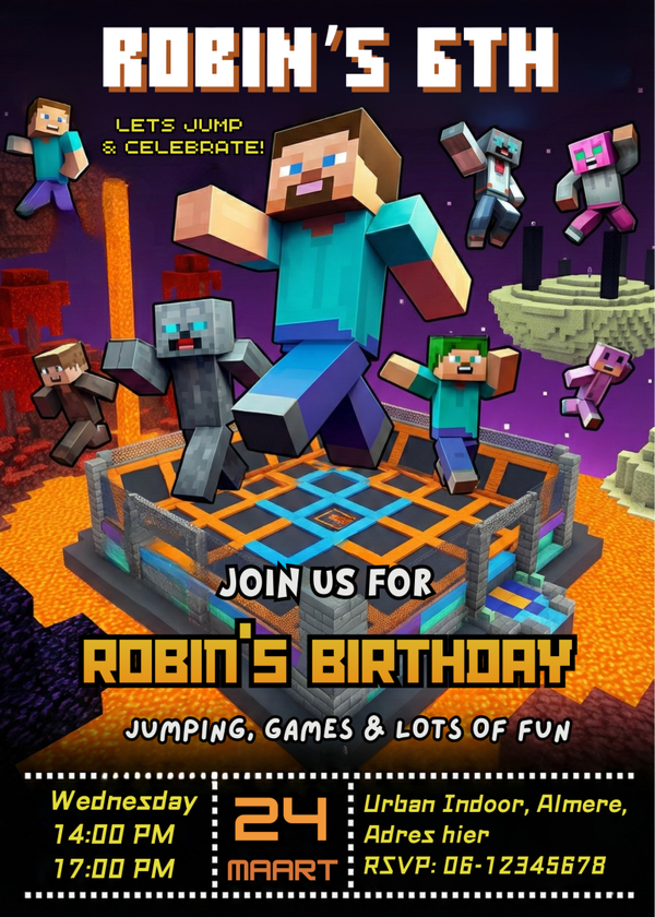 Gepersonaliseerde Minecraft Jump uitnodigingen kinderfeestje – Met enveloppen & stickers