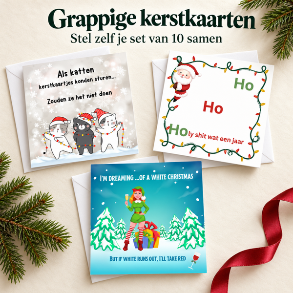 Grappige kerstkaarten – set van 10, zelf samenstellen