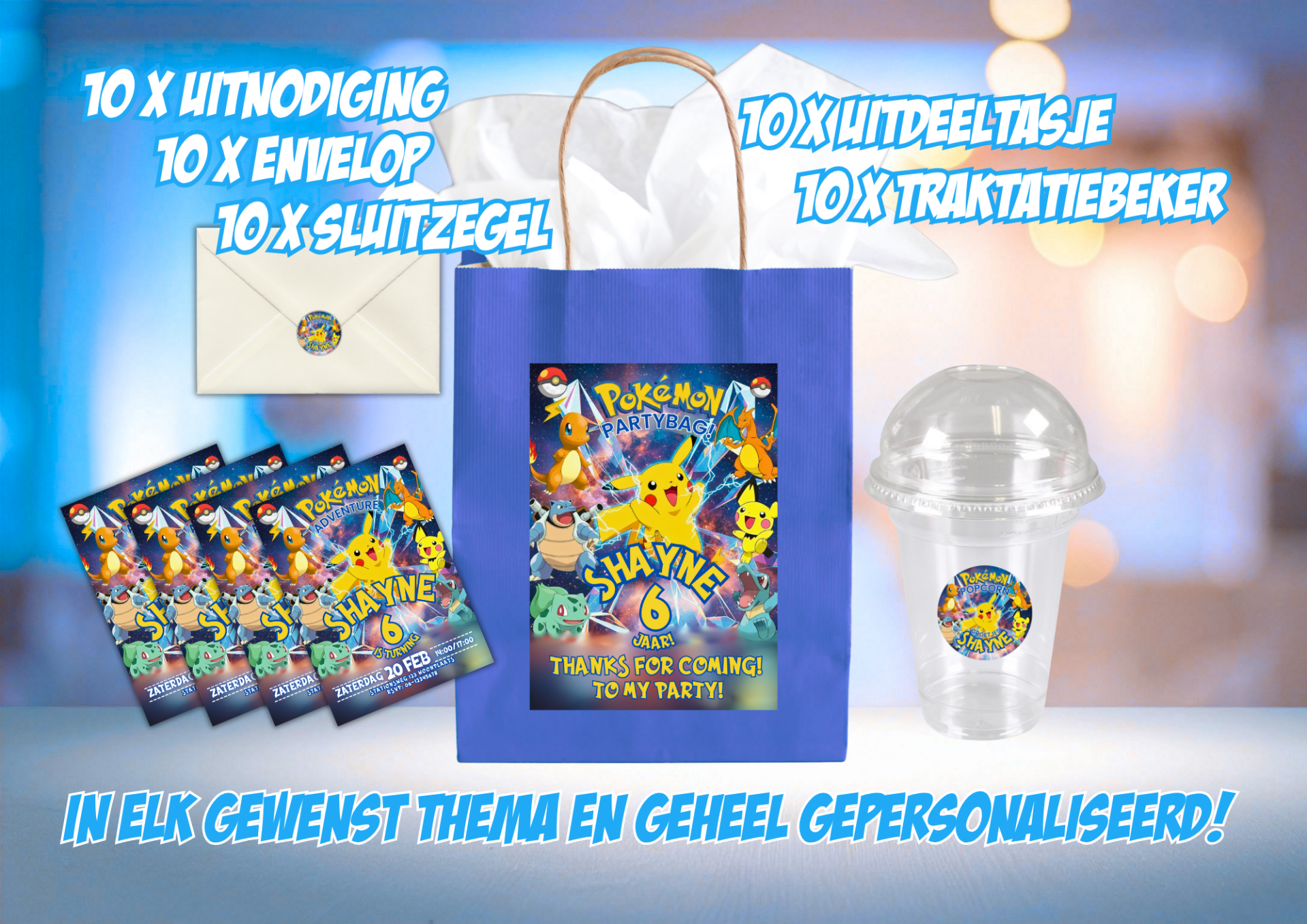 Kinderfeestje Party Pack Gepersonaliseerd – 50 Stuks met Uitnodigingen, Traktaties & Uitdeeltasjes