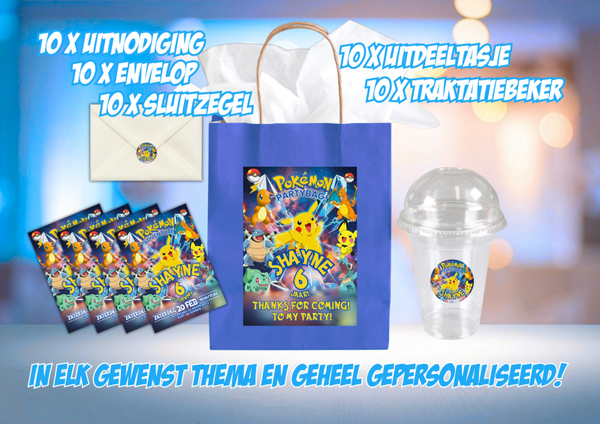 Kinderfeestje Party Pack Gepersonaliseerd – 50 Stuks met Uitnodigingen, Traktaties & Uitdeeltasjes