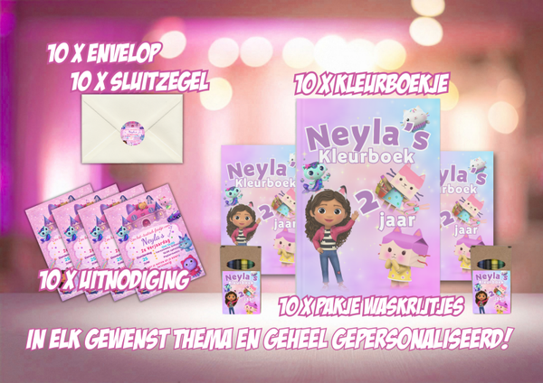 Feestpakket YAY Color – uitnodigingen, kleurboekjes & waskrijtjes | 10 kinderen