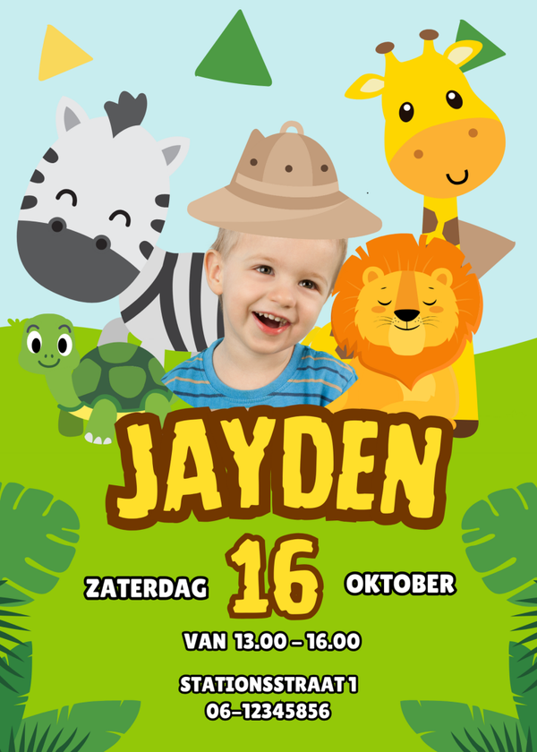 Gepersonaliseerde uitnodiging kinderfeestje "Jungle"