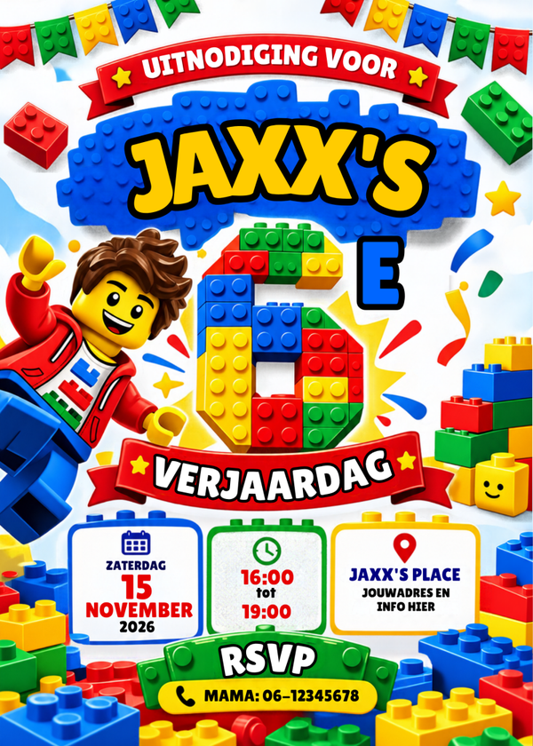 Uitnodiging LEGO-feestje – volledig gepersonaliseerd