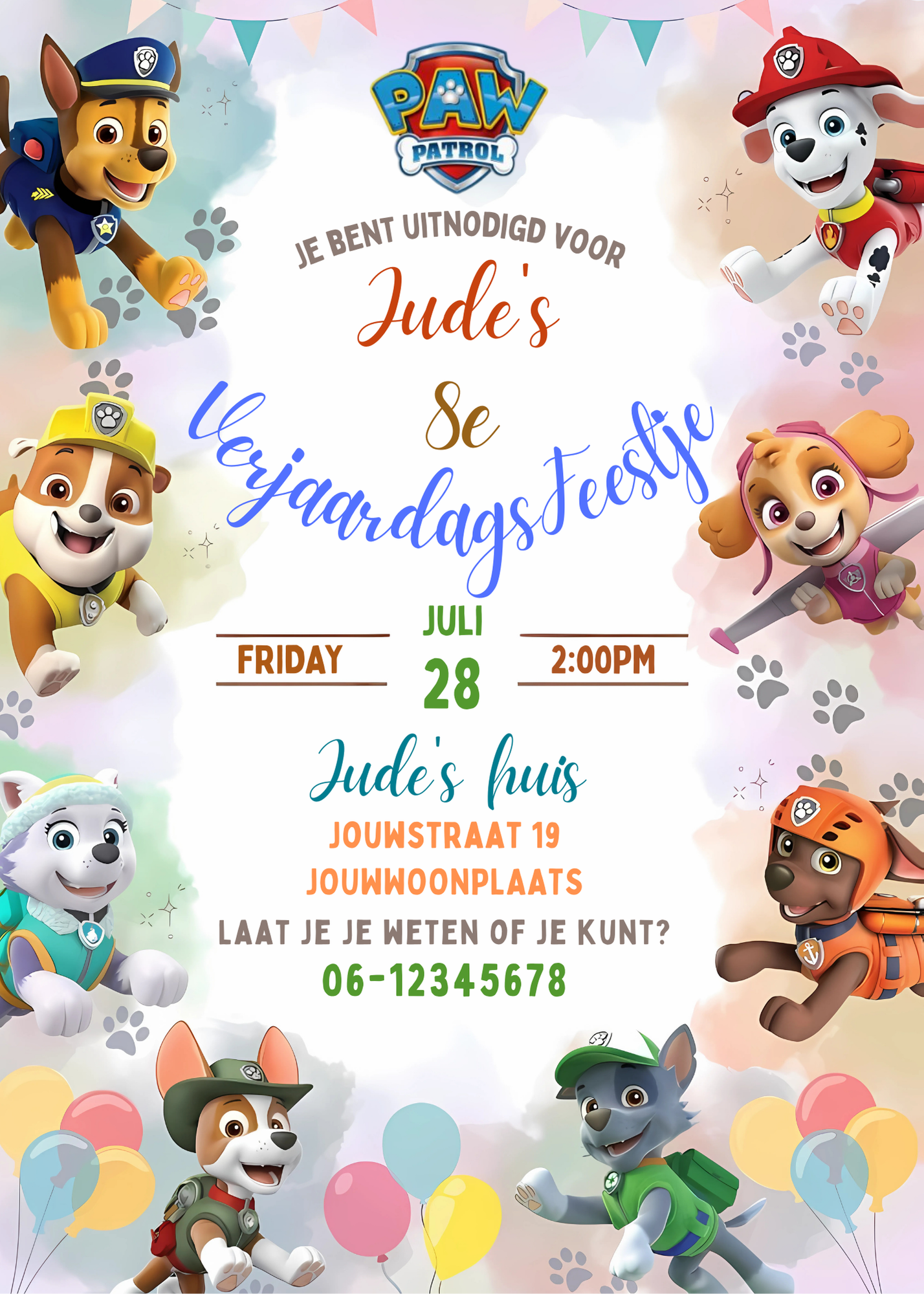 Paw Patrol uitnodiging - Kinderfeestje gepersonaliseerd