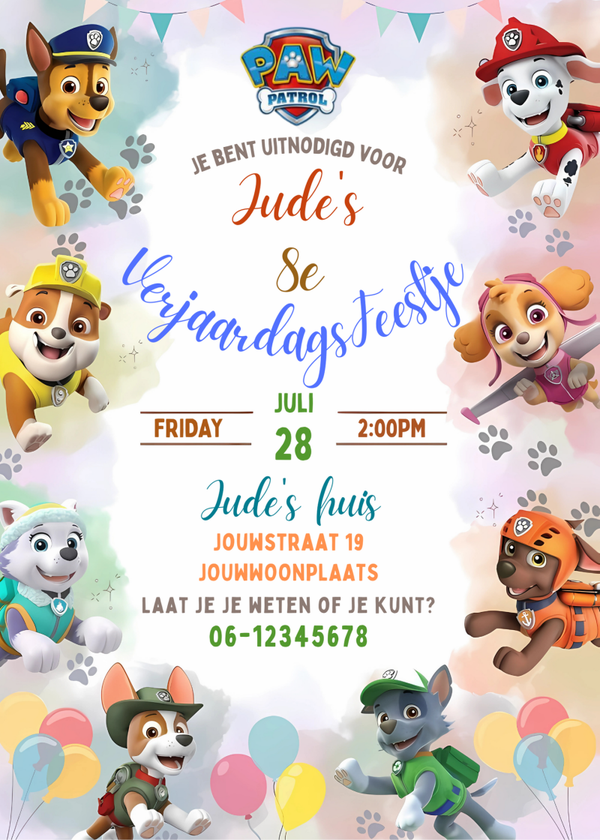 Paw Patrol uitnodiging - Kinderfeestje gepersonaliseerd