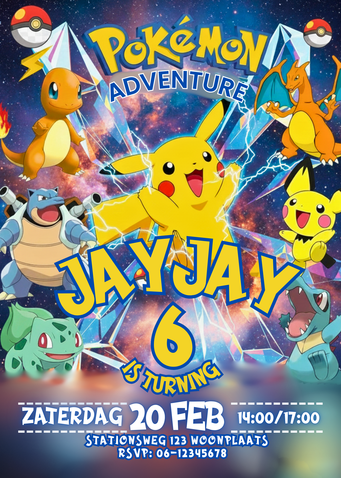 Pokemon Kinderfeestje Uitnodiging – Pikachu – Gepersonaliseerd + Gratis Envelop & Stickers