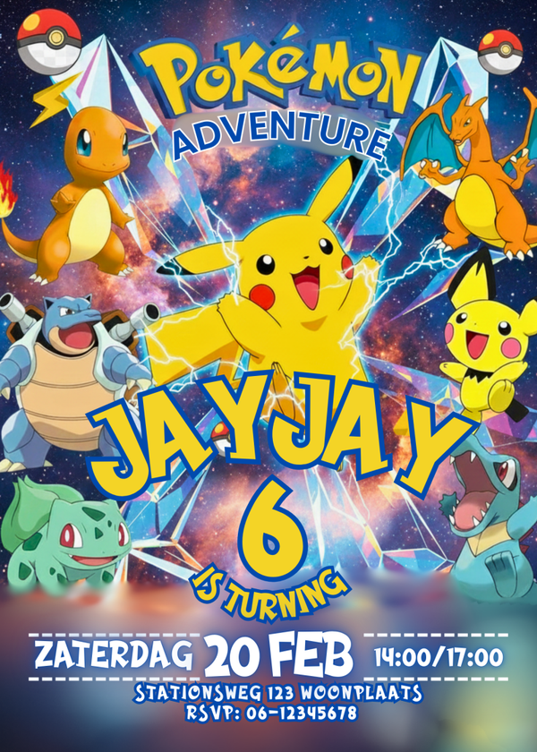 Pokemon Kinderfeestje Uitnodiging – Pikachu – Gepersonaliseerd + Gratis Envelop & Stickers