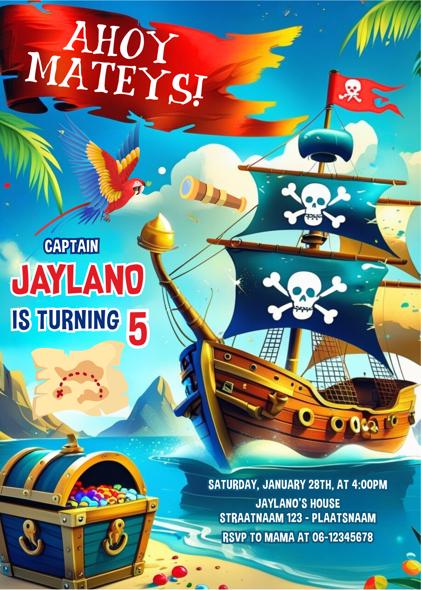 Piraten uitnodiging kinderfeestje | Gepersonaliseerd | Gratis Enveloppe & Sticker