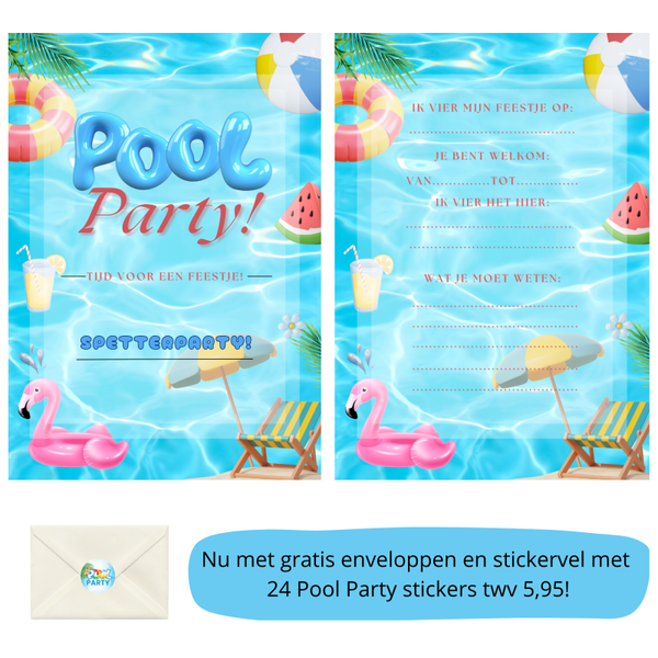 Zwemfeestje Kinderfeestje Uitnodiging – Pool party - Per Stuk, Gratis Envelop & Stickers
