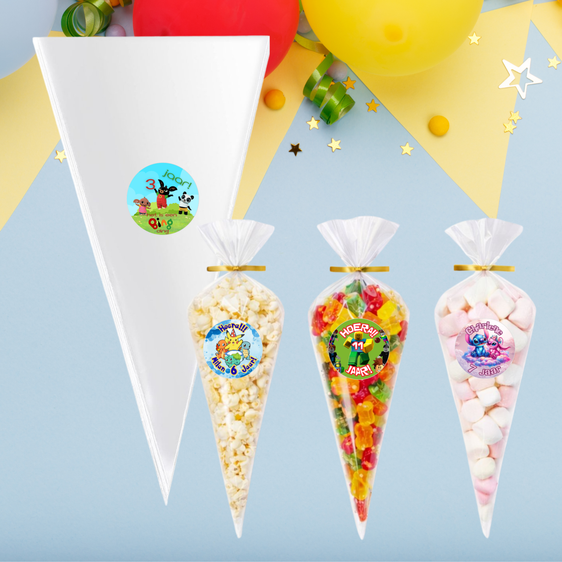 Traktatie puntzakken met sticker – Gepersonaliseerd | Kinderfeest thema