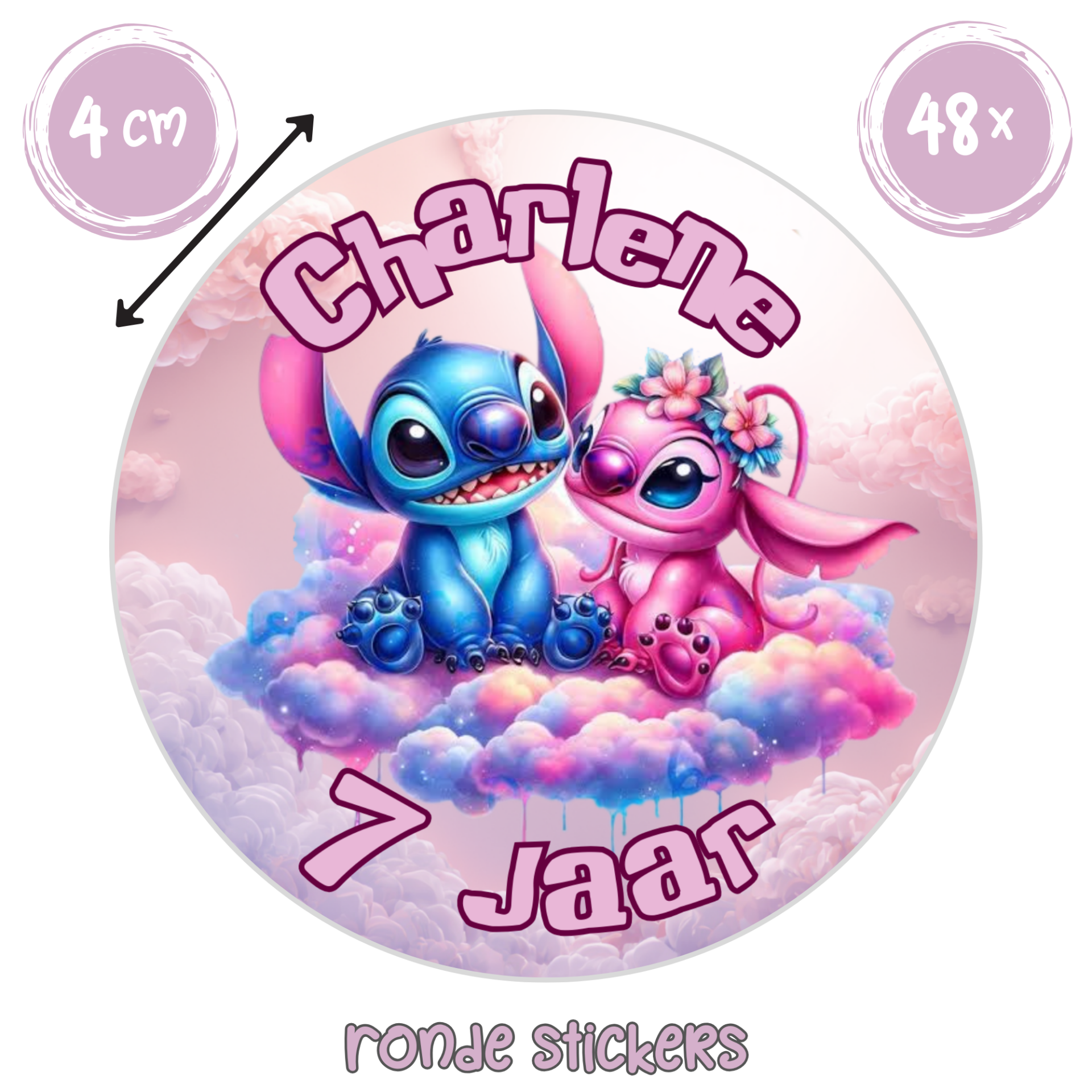 Stitch traktatie stickers met naam en leeftijd – 48 stuks gepersonaliseerde verjaardag stickers
