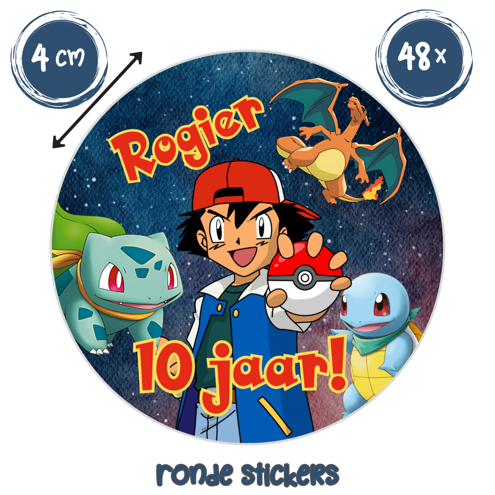 Traktatie stickers Pokemon – gepersonaliseerd met naam en leeftijd – set van 48 ronde stickers