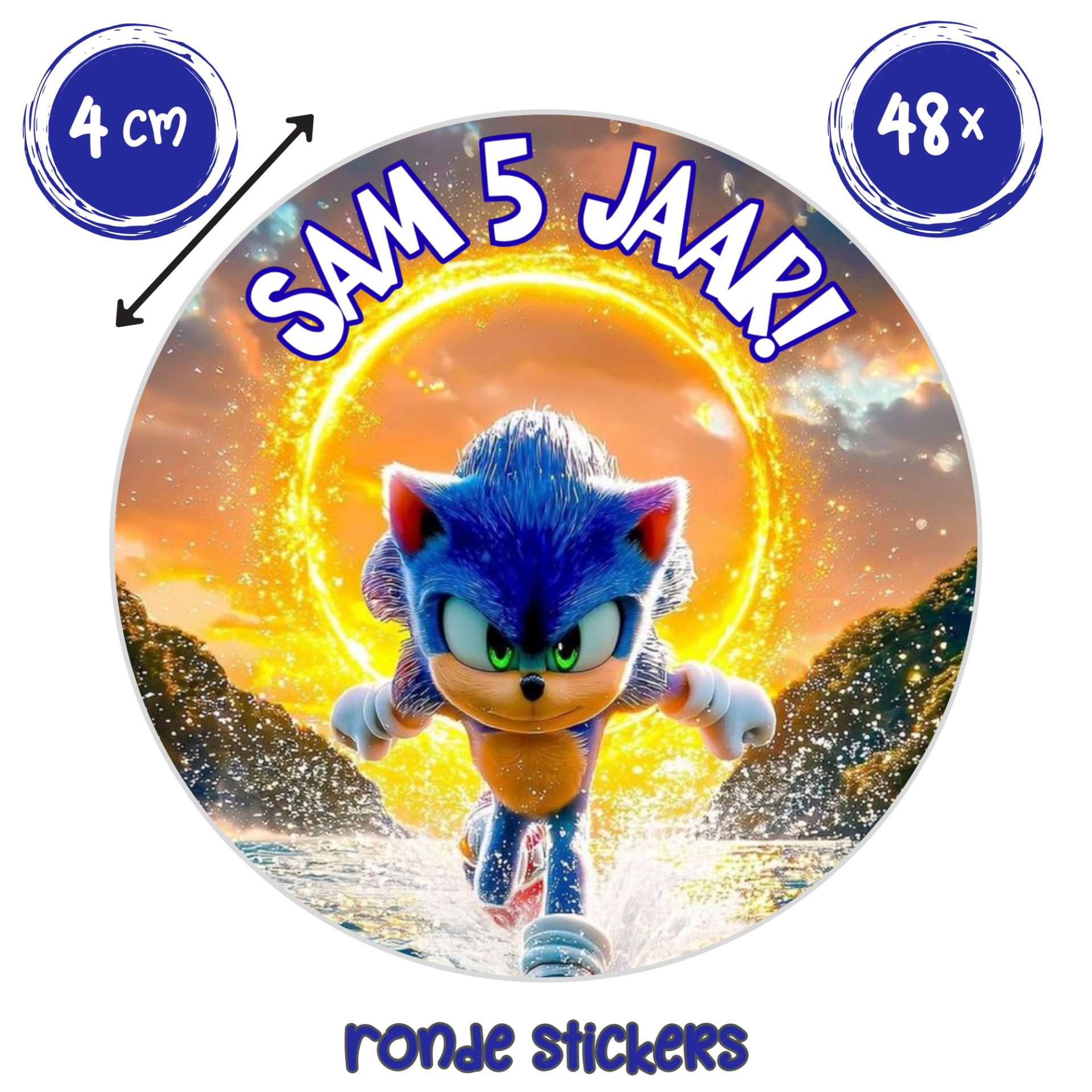 Traktatie stickers Sonic – gepersonaliseerd met naam en leeftijd – set van 48 ronde stickers
