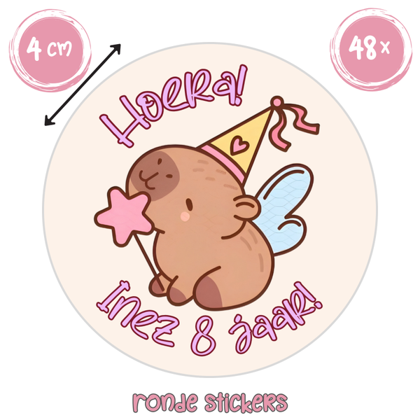 Gepersonaliseerde capybara feest stickers met naam – 48 stuks – traktatie stickers