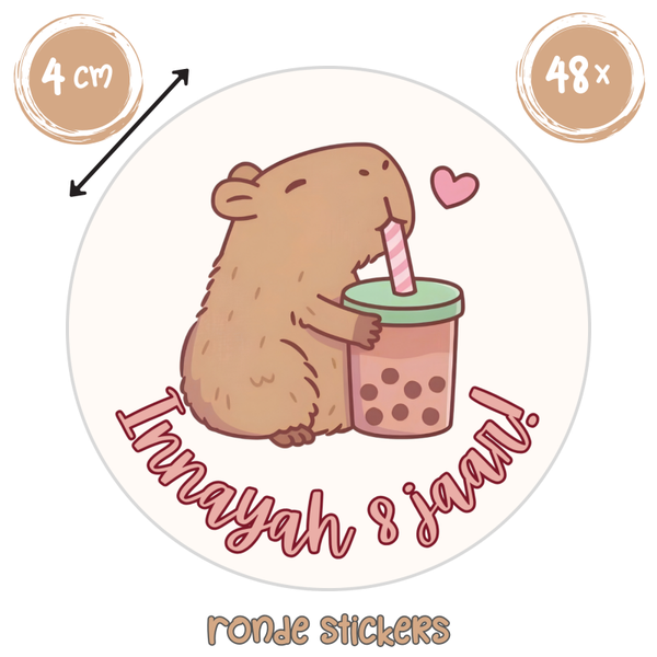 Capybara traktatie stickers met naam – set van 48 stuks – gepersonaliseerde kinderfeestje stickers