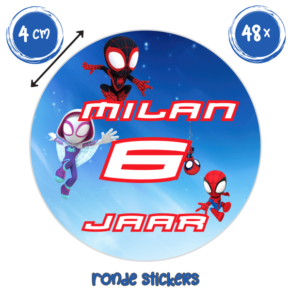 Spidey traktatie stickers met naam en leeftijd – 48 stuks gepersonaliseerde verjaardag stickers