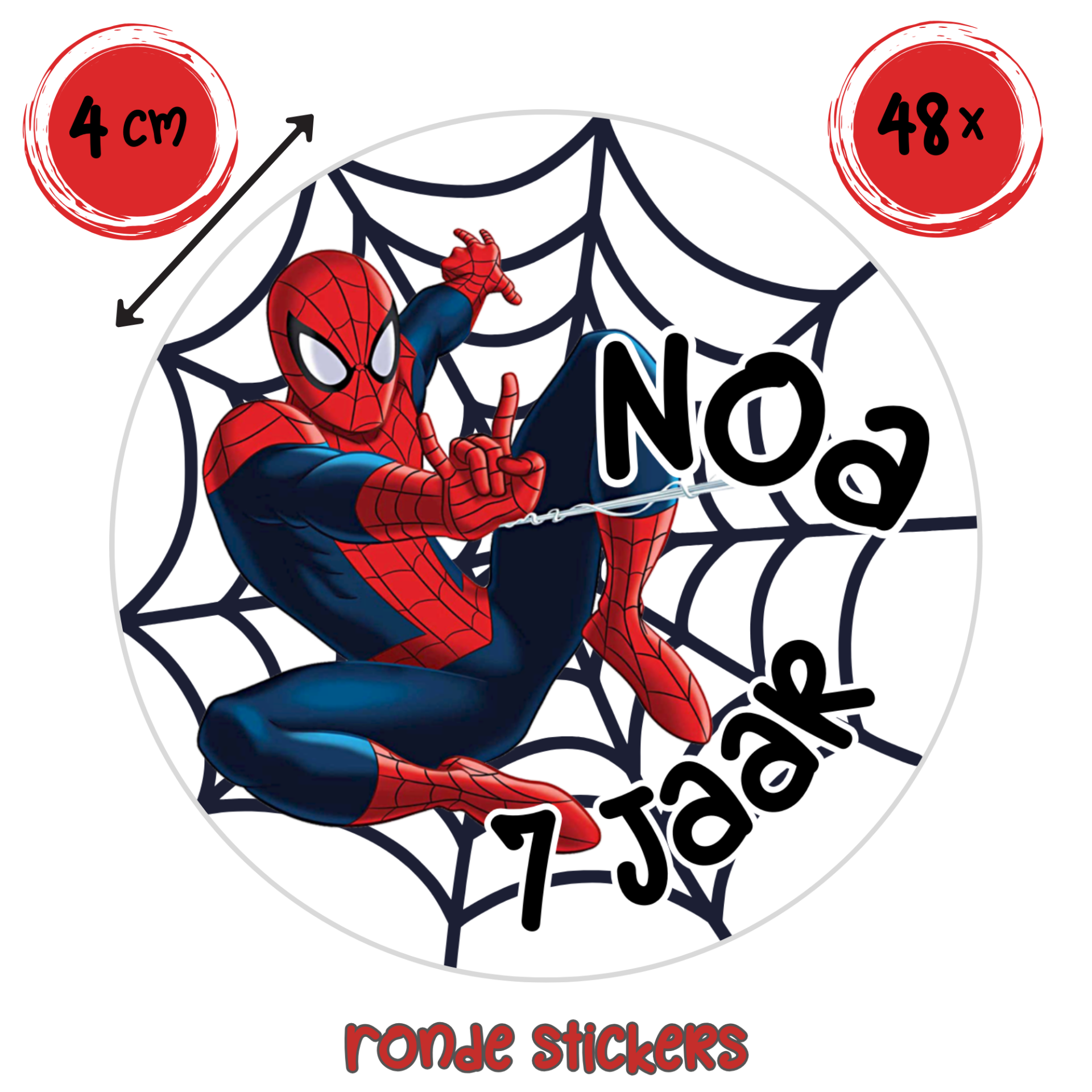Traktatie stickers Spiderman – gepersonaliseerd met naam en leeftijd – set van 48 ronde stickers