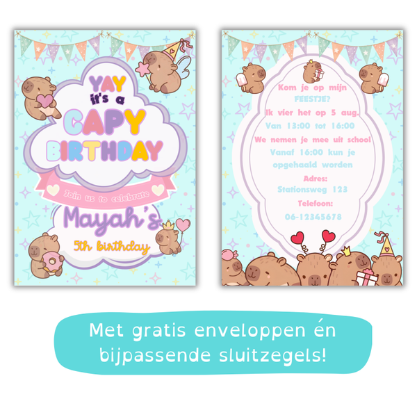 🐹 Capybara verjaardag uitnodiging – gepersonaliseerd