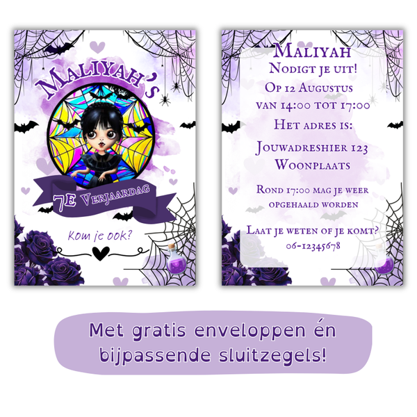 🖤 Gepersonaliseerde Wednesday uitnodiging voor een kinderfeestje – inclusief gratis enveloppen & sluitzegels