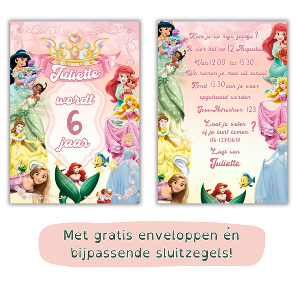 👑Gepersonaliseerde Disney Prinsessen uitnodiging voor een sprookjesachtig kinderfeestje – inclusief gratis enveloppen & sluitzegels