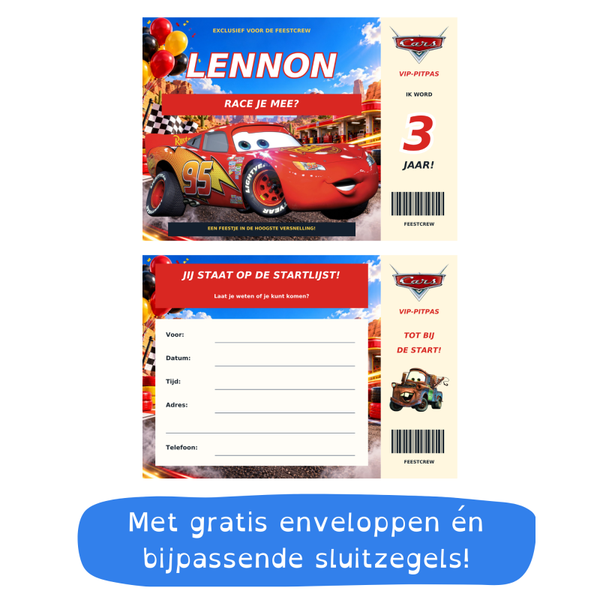 Cars uitnodiging met naam – Verjaardagsuitnodiging als VIP-pitpas