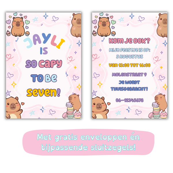 🐹 Capybara uitnodiging – gepersonaliseerd – Incl gratis stickers
