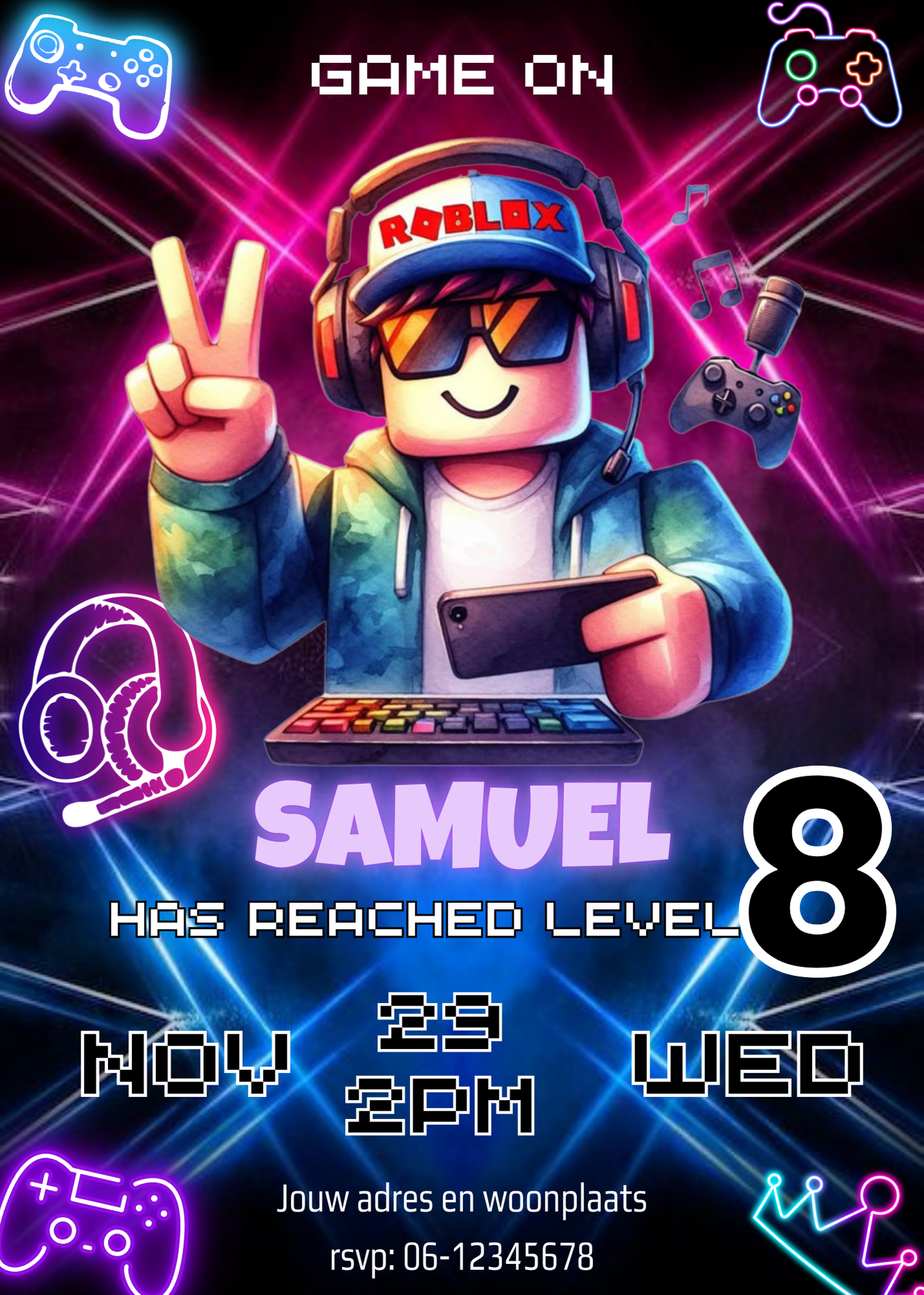 Neon Roblox uitnodiging - Kinderfeestje gepersonaliseerd