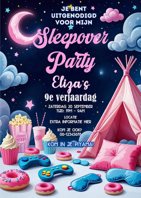 Sleepover uitnodiging – slaapfeestje met naam en feestgegevens
