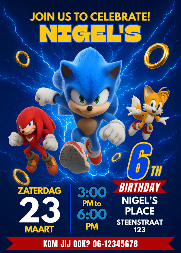 Sonic Kinderfeestje Uitnodiging – Tails & Shadow - Gepersonaliseerd + Gratis Envelop & Stickers | BrightDesigns.nl