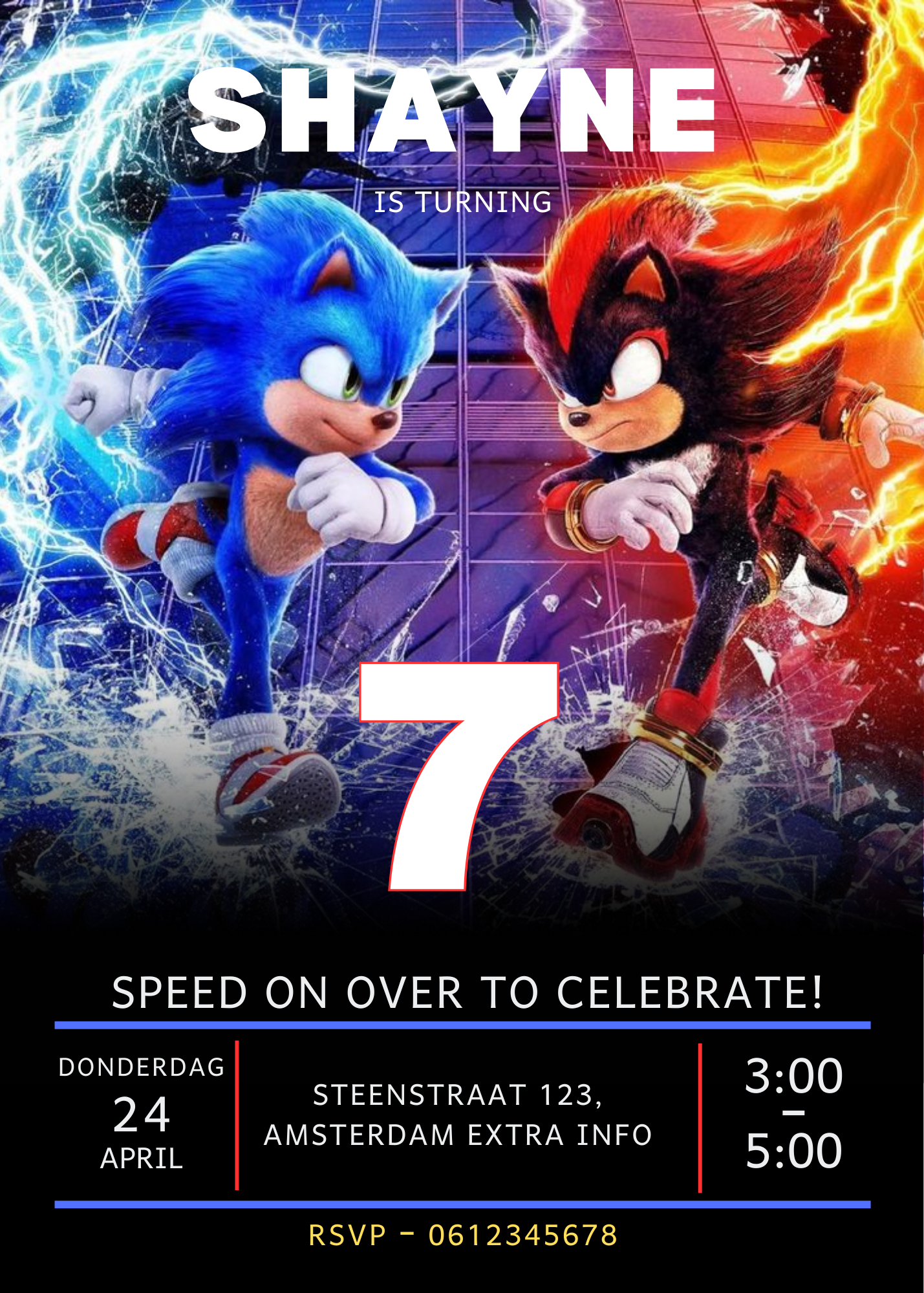 Sonic & Shadow Kinderfeestje Uitnodiging – Gepersonaliseerd + Gratis Envelop & Stickers | BrightDesigns.nl