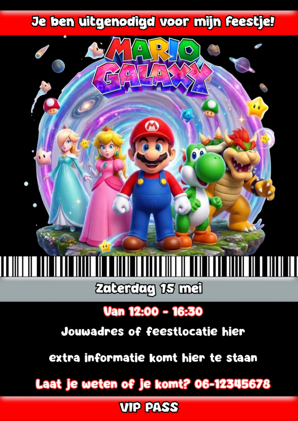 Super Mario Galaxy uitnodiging kinderfeestje – gepersonaliseerd – incl. envelop & sticker – per stuk