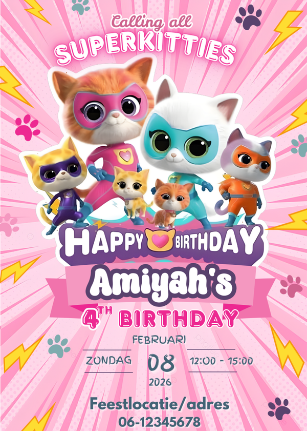Superkitties / Superkatjes Verjaardagsuitnodiging – Gepersonaliseerd + Gratis Enveloppen & Stickers