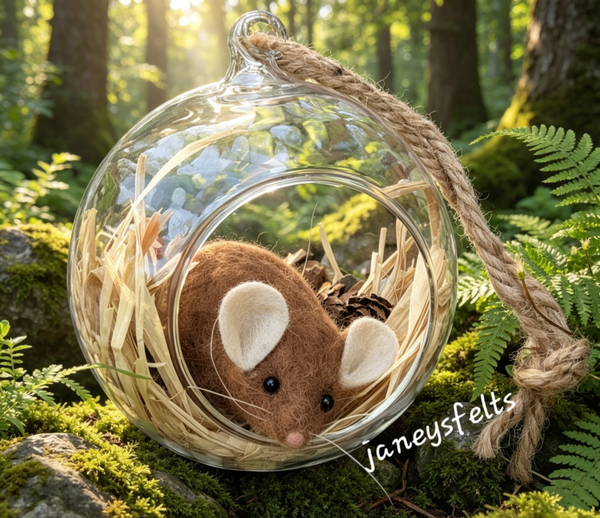 Needle felted mouse in hanging g glass ornament