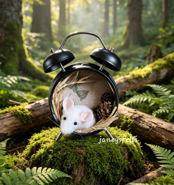 Needle felted mouse in a clock