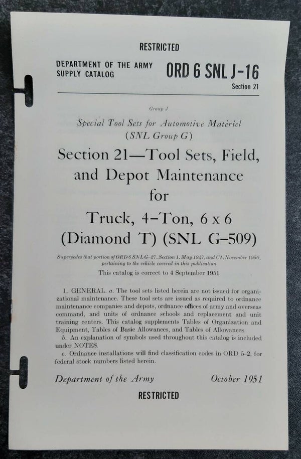 ORD 6 SNL-J16 Tools sets, field and depot maintenance for truck 4-ton 6x6 Diamond T G509